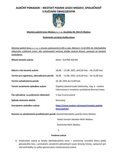 Verejná dražba dreva - Mestský podnik lesov Medzev, s. r. o.