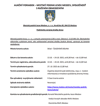 Verejná dražba dreva - Mestský podnik lesov Medzev